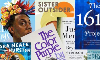 Book covers of books that have been banned including The 1619 Project, The Color Purple, All Boys Aren't Blue